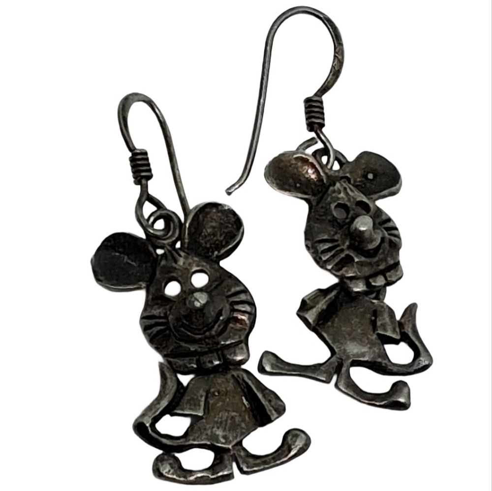Vintage Sterling Silver Whimsical Mouse Dangle Earrings 925